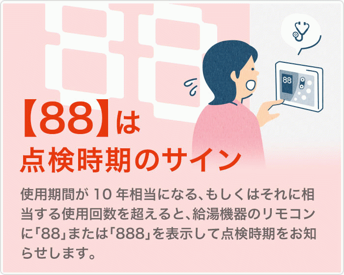 【88】は点検時期のサイン 使用期間が10年相当になる、もしくはそれに相当する使用回数を超えると、給湯機器のリモコンに「88」または「888」を表示して点検時期をお知らせします。